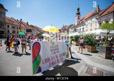 Maribor, Slovenia. Il 29 giugno, 2019. Persone marche attraverso Maribor durante il Pride Parade.Circa 800 persone che è venuto fuori al primo Pride Parade tenutasi a Maribor sabato. Maribor è la seconda città più grande della Slovenia. Credito: SOPA Immagini limitata/Alamy Live News Foto Stock