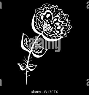 Abstract rose fiore icona outline isolati su sfondo nero. Lusso creativo logotipo moda concetto icona. Disegnata a mano illustrazione vettoriale. Illustrazione Vettoriale