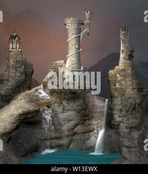 Fantasy paesaggio medievale con torri dalla cascata Foto Stock