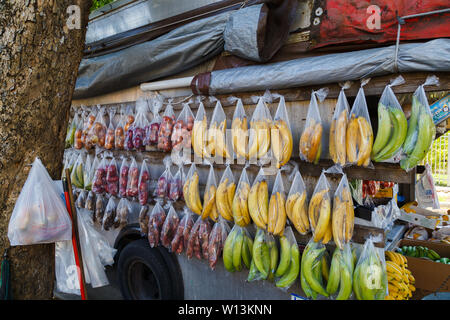 Le banane da cuocere fresche e altri tipi di frutta e verdura sono ben imballati in questo negozio mobile sulla strada di Little Havana Miami, Florida, Stati Uniti d'America. Foto Stock