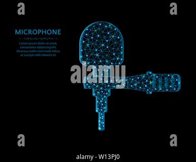 Microfono a bassa poli design, mic holder, registrazione sonora poligonale illustrazione vettoriale su sfondo nero Illustrazione Vettoriale
