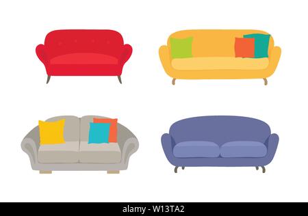 Divano vettore colorati set. Confortevole divano raccolta isolati su sfondo bianco per l'interior design. Illustrazione Vettoriale