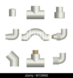 Set di diversi raccordi e connessioni per tubi in materia plastica, isolato su sfondo bianco. Vista frontale, illustrazione vettoriale. Illustrazione Vettoriale