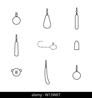 Gli accessori di pesca da linee sottili. Set di pesca differenti trivelle e platine, isolato su sfondo bianco, illustrazione vettoriale. Illustrazione Vettoriale
