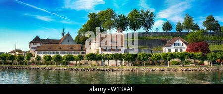 Rapperswi, Svizzera 1 Giugno 2019: Vista di Rapperswil dalle mura del castello. I tetti della città vecchia medievale di Rapperswil e arco alpino in ba Foto Stock