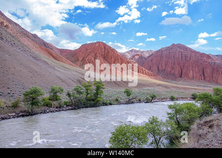 Fiume che scorre tra pittoresche colline. Alberi lungo le rive. Viaggiare in Kirghizistan. Foto Stock