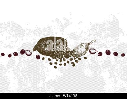 Tempo di caffè, Illustrazione disegnata a mano schizzo di chicchi di caffè tostati in una borsa di tela. Illustrazione Vettoriale