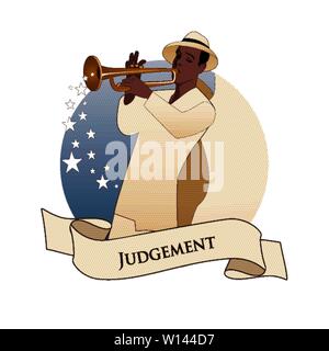 Arcani Maggiori dei Tarocchi emblema Card. Sentenza. Arcangelo con grandi ali, indossare un cappello a suonare la tromba, isolato su sfondo bianco Illustrazione Vettoriale