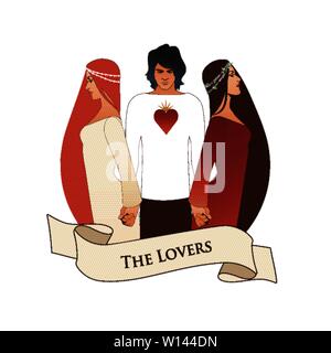 Arcani Maggiori dei Tarocchi emblema Card. Gli amanti. Giovane uomo con due belle donne per mano. T-shirt con cuore sul petto, isolato sul retro bianco Illustrazione Vettoriale
