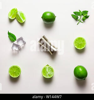 Il Mojito set di lime, piatto giaceva su sfondo bianco. Ingredienti e di ghiaccio, Jigger. Concetto: Cocktail Mojito Foto Stock