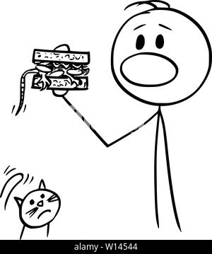 Vector cartoon stick figura disegno illustrazione concettuale dell'uomo mangiare panino accidentalmente col mouse all'interno, infelice gatto è lui a guardare. Illustrazione Vettoriale