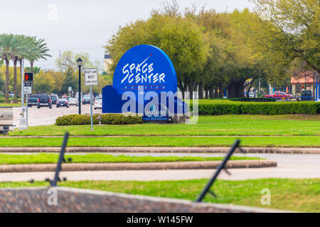 Ingresso firmare lo Space Center Houston Stati Uniti d'America. Space Center Houston è un centro di istruzione per evidenziare tutte le epoche di U.S. viaggi nello spazio Foto Stock