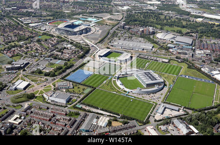 Vista aerea del Manchester City Etihad Stadium, City Football Academy & Man della città di massa di formazione Foto Stock