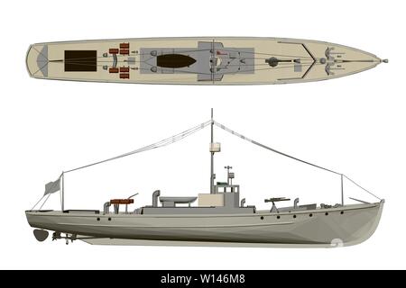 Modelli di nave da guerra. Vista laterale e superiore. 3D. Illustrazione Vettoriale