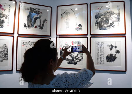 (190630) -- GUIYANG, Giugno 30, 2019 (Xinhua) -- Un visitatore prende le foto delle opere d'arte del pittore Lu Feng a Lu Feng Art Museum di Qingyan antica città di Guiyang, capitale del sud-ovest della Cina di Guizhou, 29 giugno 2019. (Xinhua/Yang Ying) Foto Stock