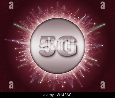 Concetto di 5G technology network, Internet mobile ad alta velocità, reti di nuova generazione. 3D rendering , background creativo . Foto Stock