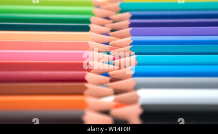 Primo piano di matite colorate allineate in una fila Foto Stock