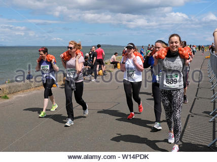 Edimburgo, Scozia, Regno Unito. Il 30 giugno 2019. Il grande scozzese Tattie correre a Silverknowes Promenade, organizzata da grandi eventi scozzese, un evento di beneficenza organizzatore Gruppo. La gara è per un miglio con un sacco di patate 20 chilo per uomini,10 chilo per le donne. Tutti i partecipanti ricevono per mantenere la loro borsa di tatties. Credit:Craig Brown Foto Stock