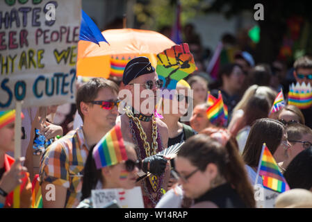 Maribor, Slovenia. Il 29 giugno, 2019. La gente può contenere cartelloni e bandiere arcobaleno durante il Pride Parade.Circa 800 persone che è venuto fuori al primo Pride Parade tenutasi a Maribor sabato. Maribor è la seconda città più grande della Slovenia. Credito: Milos Vujinovic SOPA/images/ZUMA filo/Alamy Live News Foto Stock