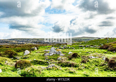 Splendida vista della collina di Burren con rocce calcaree tra l'erba verde, Geoparks e Geosite, Wild Atlantic modo, splendida giornata di primavera in Co Foto Stock