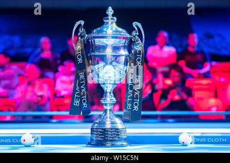 Leicester, Regno Unito. Il 30 giugno, 2019. Il trofeo prima dell'Betvictor World Cup della piscina finale tra Filippine vs Austria a Morningside Arena di Domenica, 30 giugno 2019 a Leicester Inghilterra. Credito: Taka G Wu/Alamy Live News Foto Stock