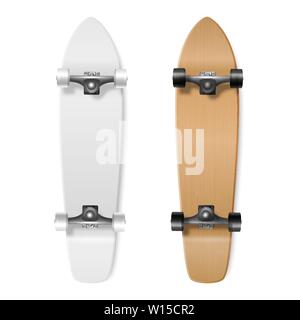 Lo skateboard. Vector realistiche in 3D Render vuoto bianco e marrone di skateboard in legno icona impostare Closeup isolati su sfondo bianco. Modello di progetto di Illustrazione Vettoriale