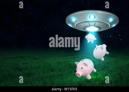 3D rendering di argento metallico UFO con rosa piggy banche sul cielo notturno e di erba verde sullo sfondo Foto Stock