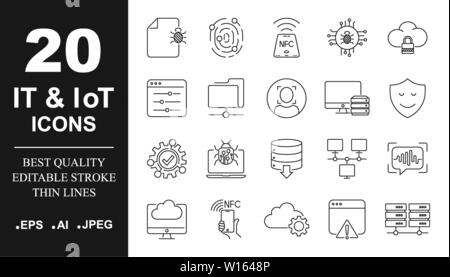 Sistema operativo vector icon set in linea sottile stile. E icone IoT, protezione delle reti. Corsa modificabile. EPS 10 Illustrazione Vettoriale