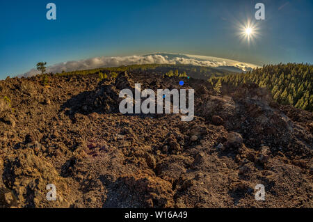 Magico tramonto sopra le nuvole nelle montagne di Tenerife nelle isole Canarie. Fresco di campi di lava a 1500 metri di altitudine. Vista di La Gomera Foto Stock