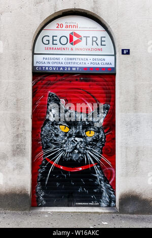 Gatto nero dipinto su sfondo rosso di una serranda chiusa. Negozio di fronte a un negozio di porte finestre e persiane. Trieste, Italia, Europa, UE. Foto Stock