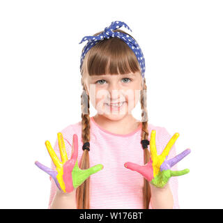 Carino bambina con le mani di vernice su sfondo bianco Foto Stock