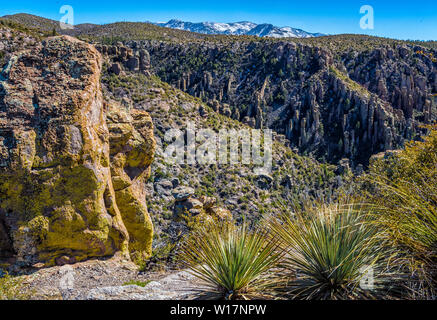 Pinnacoli di roccia permettersi grandi vedute delle cime coperte di neve e la valle sottostante in Chiricahua National Monument in Arizona del sud-est. Foto Stock