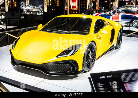 Bruxelles, Belgio, Jan 18, 2019: giallo metallico Noble M500 supercar britannica a Bruxelles Motor Show, prodotta da Noble Automotive Ltd Foto Stock