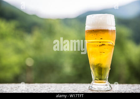 Progetto di birra chiara sul tavolo in pietra situata nella natura Foto Stock