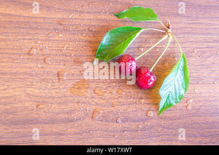 Appena prelevato red ciliegie mature con foglie mantenuta su un tavolo di legno con acqua spruzzata su di essi. Copia spazio fornito. Foto Stock