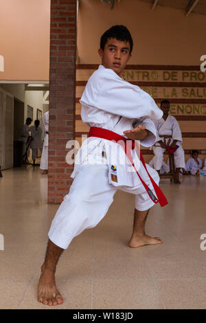 Okinawense Gojo Ryu Karate in Penonome, Cocle Affitto provincia, Repubblica di Panama. La scuola di karate era guidata dal Sensei Carlos Martinez, scomparso in febbraio, 2017. La scuola è stata una parte della IOGKF, Internazionale di Okinawa Goju Ryu Karate federazione. Ottobre, 2013. Foto Stock