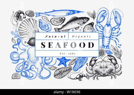Pesce e frutti di mare modello di progettazione. Disegnata a mano illustrazione vettoriale. Può essere utilizzata per la Progettazione menu, imballaggio, ricette, etichetta, mercato del pesce e dei prodotti a base di pesce Illustrazione Vettoriale