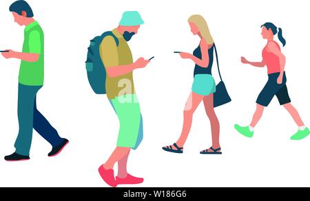 La gente a piedi e con lo smartphone in stile piatto vector.adulto a piedi isolato con sfondo bianco.Le persone con lo sguardo fisso a piedi dello smartphone.Persone attività Illustrazione Vettoriale