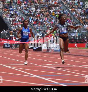 Talou Marie-Josee vince durante un 100m Diamond League atletica Prefontaine Classic presso l'Università di Stanford in California. Foto Stock