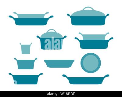 Casseruole e piatti di cottura la testata, raccolta di articoli di vetreria stoviglie e pentole set di utensili da cucina per la cottura domestica piana illustratio vettore Illustrazione Vettoriale