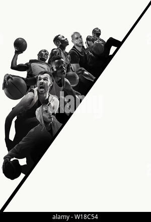 Creative collage di foto diverse di 4 giocatori di basket con le sfere in azione di gioco. Foto in bianco e nero. Pubblicità, sport, stile di vita sano, motion, attività, concetto di movimento. Foto Stock