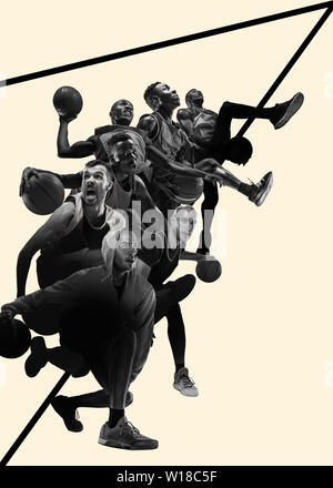 Creative collage di foto diverse di 4 giocatori di basket con le sfere in azione di gioco. Foto in bianco e nero. Pubblicità, sport, stile di vita sano, motion, attività, concetto di movimento. Foto Stock