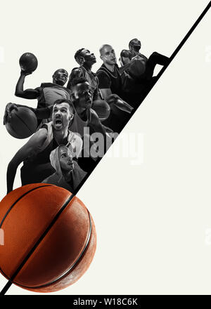 Creative collage di foto diverse di 4 giocatori di basket con le sfere in azione di gioco. Foto in bianco e nero. Pubblicità, sport, stile di vita sano, motion, attività, concetto di movimento. Foto Stock