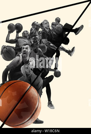 Creative collage di foto diverse di 4 giocatori di basket con le sfere in azione di gioco. Foto in bianco e nero. Pubblicità, sport, stile di vita sano, motion, attività, concetto di movimento. Foto Stock