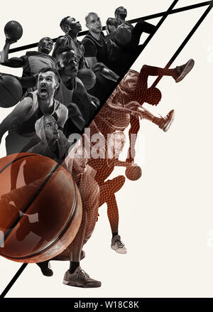 Creative collage di foto diverse di 4 giocatori di basket con le sfere in azione di gioco. Foto in bianco e nero. Pubblicità, sport, stile di vita sano, motion, attività, concetto di movimento. Foto Stock