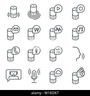 Smart speaker e assistente virtuale. Vector icon set in stile contorno Illustrazione Vettoriale