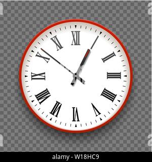 Rosso e bianco ufficio parete icona di un orologio con i numeri romani. Modello di disegno vector closeup. Mock-up per il branding e pubblicizzare isolato su trasparente Illustrazione Vettoriale