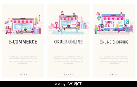 Mobile App Pagina schermata Onboard Set. Modello di schermate per l'E-commerce, Shopping Online, Mobile Store, Ordine Online. Illustrazione Vettoriale. Interfaccia utente Illustrazione Vettoriale
