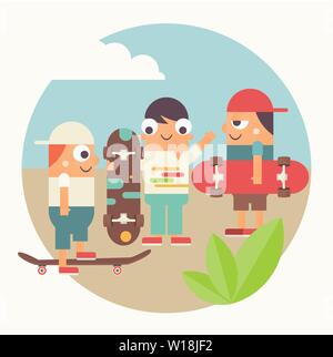 Lo skateboard Poster - gruppo di giovani Skaters in allenamento. Il pattinaggio nel parco. Skateboarders con skateboard. Illustrazione Vettoriale. Design retrò. Appartamento Sty Illustrazione Vettoriale