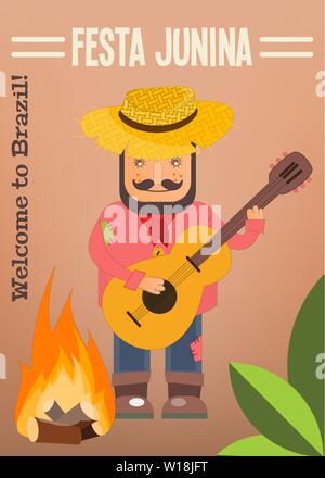 Festa Junina - Brasile Giugno Festival. Poster per Folklore vacanza. Funny Hick nel cappello di paglia suona la chitarra vicino falò. Illustrazione Vettoriale. Illustrazione Vettoriale